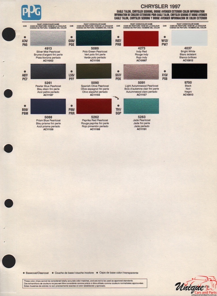 1997 Chrysler Eagle Sebring Avenger Paint Charts PPG